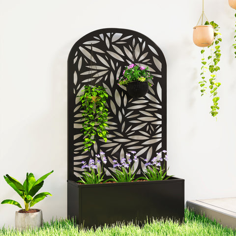 Floreira Exterior Grande de Metal Floreira com Painel Decorativo Curvo de Folhas Floreira de Parede ou Independente para Plantas Trepadeiras Jardim 61x23x113 cm, Preto