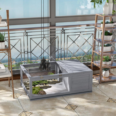 Casa para Tartarugas de Madeira Terrario para Reptéis com Teto de Malha Painéis Laterais Transparentes e Trava de Segurança 91x60,5x32 cm Cinza