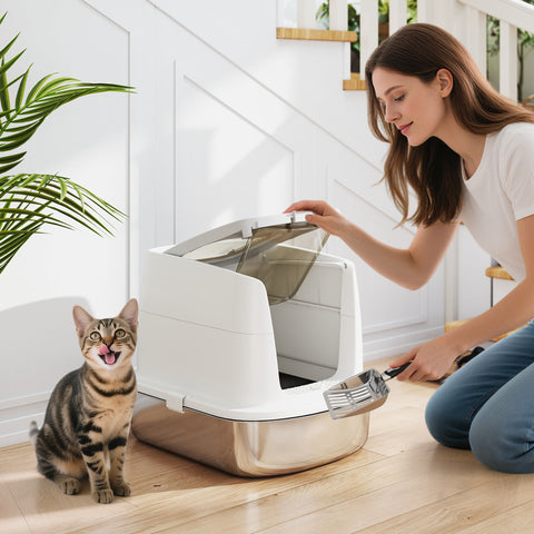 Caixa de Areia para Gatos em Aço Inoxidável L com Tampa Rebatível Pá Metálica Saco Desodorizante Fácil de Limpar Antifugas Branco