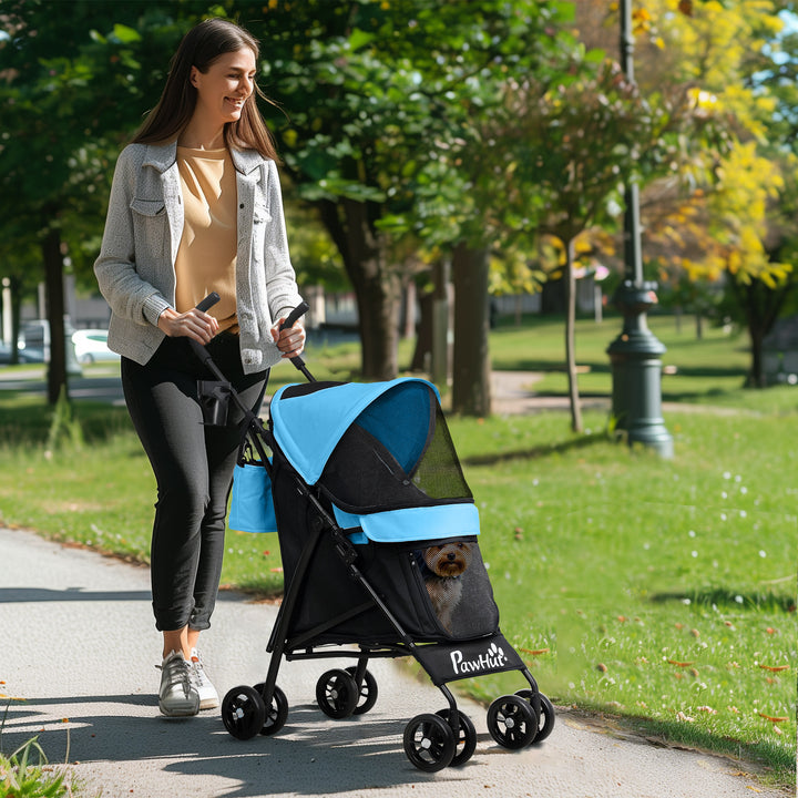 Carrinho para Cães Pequenos com Estrutura Compacta Carrinho Dobrável com Colchão Lavável Suporte para Copos Janelas de Rede e Bolsa de Arrumação 76x44x103 cm Azul