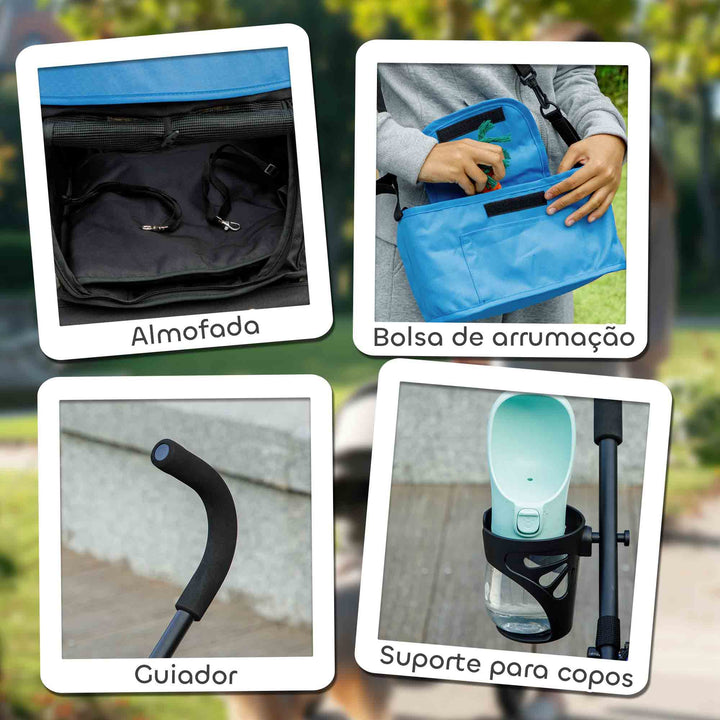 Carrinho para Cães Pequenos com Estrutura Compacta Carrinho Dobrável com Colchão Lavável Suporte para Copos Janelas de Rede e Bolsa de Arrumação 76x44x103 cm Azul