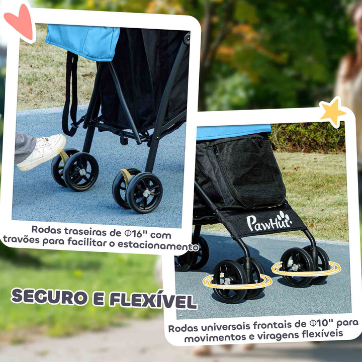Carrinho para Cães Pequenos com Estrutura Compacta Carrinho Dobrável com Colchão Lavável Suporte para Copos Janelas de Rede e Bolsa de Arrumação 76x44x103 cm Azul