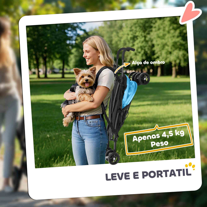 Carrinho para Cães Pequenos com Estrutura Compacta Carrinho Dobrável com Colchão Lavável Suporte para Copos Janelas de Rede e Bolsa de Arrumação 76x44x103 cm Azul