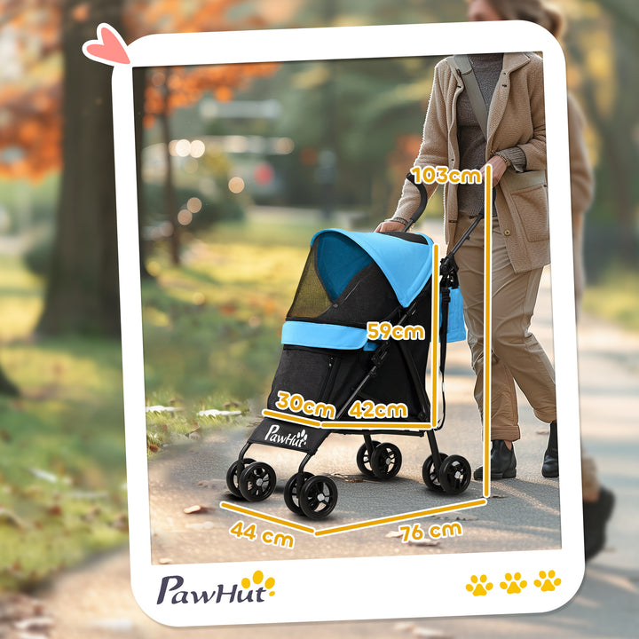 Carrinho para Cães Pequenos com Estrutura Compacta Carrinho Dobrável com Colchão Lavável Suporte para Copos Janelas de Rede e Bolsa de Arrumação 76x44x103 cm Azul