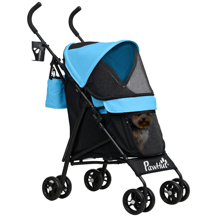 Carrinho para Cães Pequenos com Estrutura Compacta Carrinho Dobrável com Colchão Lavável Suporte para Copos Janelas de Rede e Bolsa de Arrumação 76x44x103 cm Azul