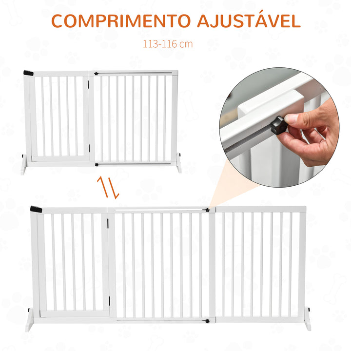 Barreira de Segurança Extensível para Cães Grade de Proteção para Escadas e Portas 113-166cm 3 Peças com Estrutura de Madeira e Suporte de Pé 113-166x36x71cm Branco