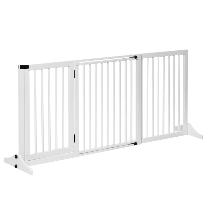 Barreira de Segurança Extensível para Cães Grade de Proteção para Escadas e Portas 113-166cm 3 Peças com Estrutura de Madeira e Suporte de Pé 113-166x36x71cm Branco