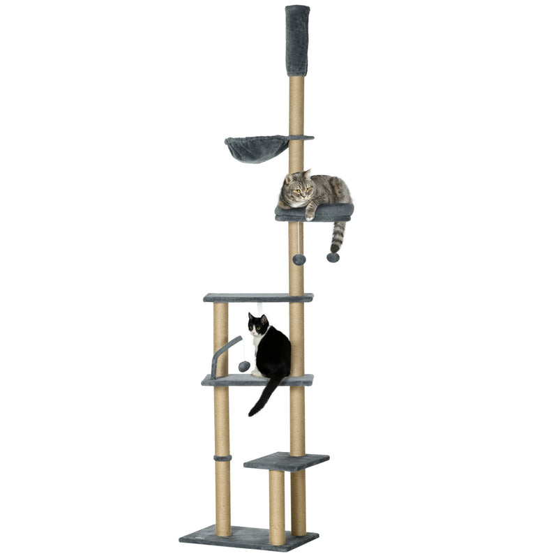 Arranhador para Gatos do Solo ao Teto de 230-250 cm Arranhador para Gatos com Altura Ajustável Múltiplas Plataformas Rede Bolas Suspensas Cinza