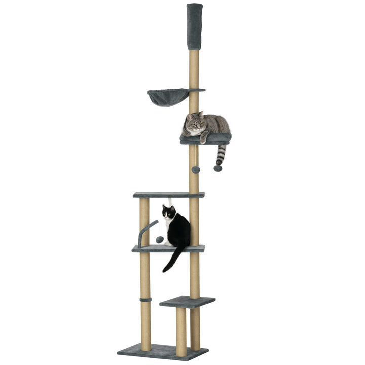 Arranhador para Gatos do Solo ao Teto de 230-250 cm Arranhador para Gatos com Altura Ajustável Múltiplas Plataformas Rede Bolas Suspensas Cinza