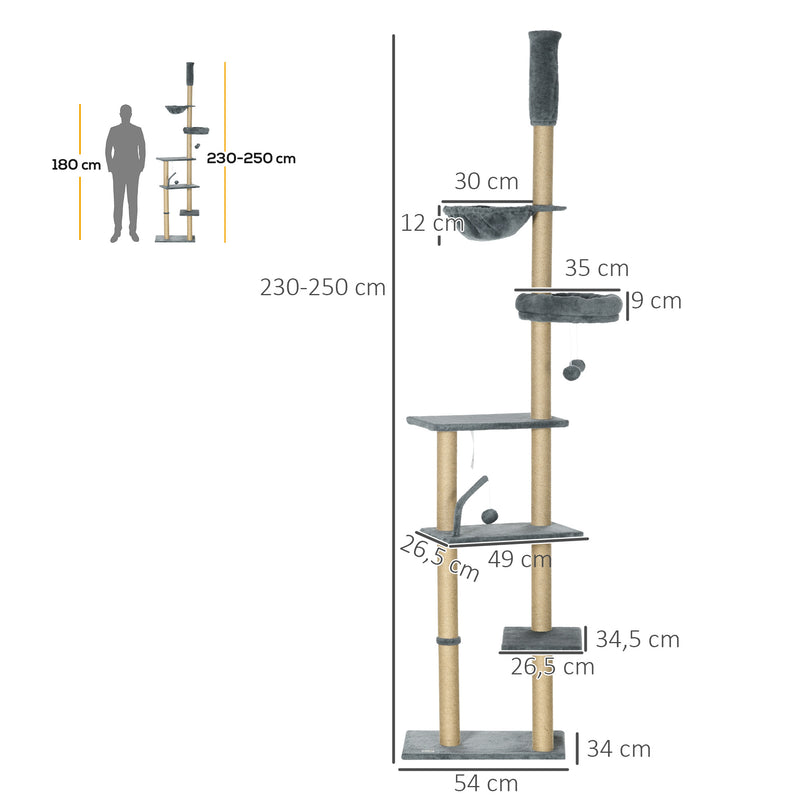 Arranhador para Gatos do Solo ao Teto de 230-250 cm Arranhador para Gatos com Altura Ajustável Múltiplas Plataformas Rede Bolas Suspensas Cinza