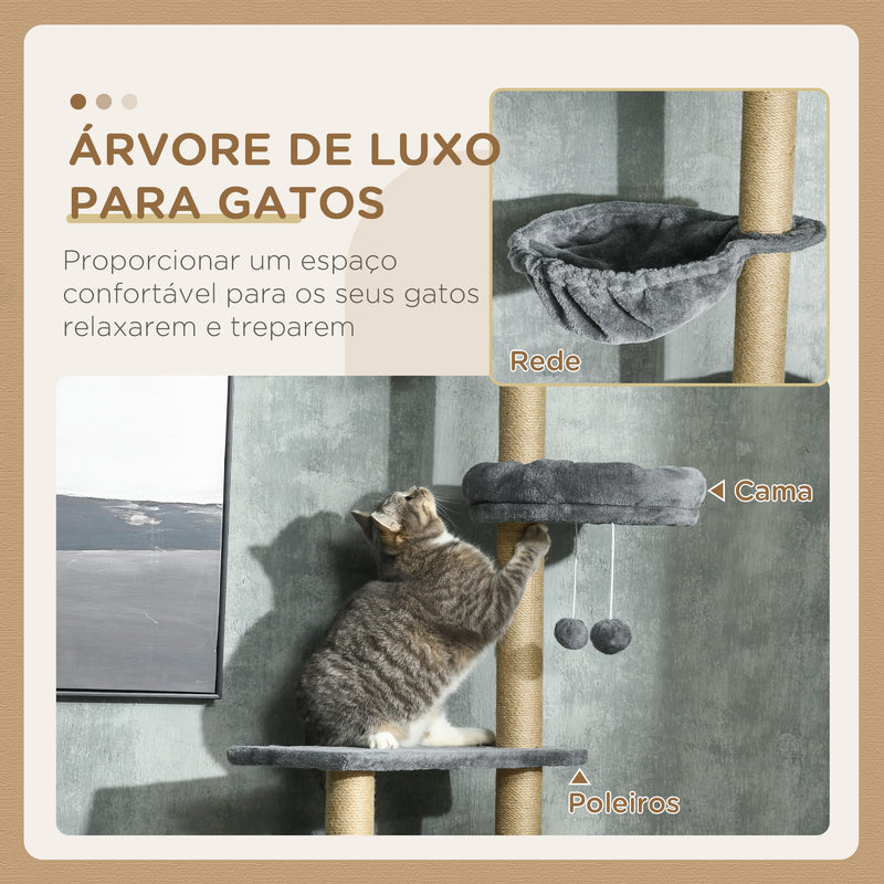 Arranhador para Gatos do Solo ao Teto de 230-250 cm Arranhador para Gatos com Altura Ajustável Múltiplas Plataformas Rede Bolas Suspensas Cinza