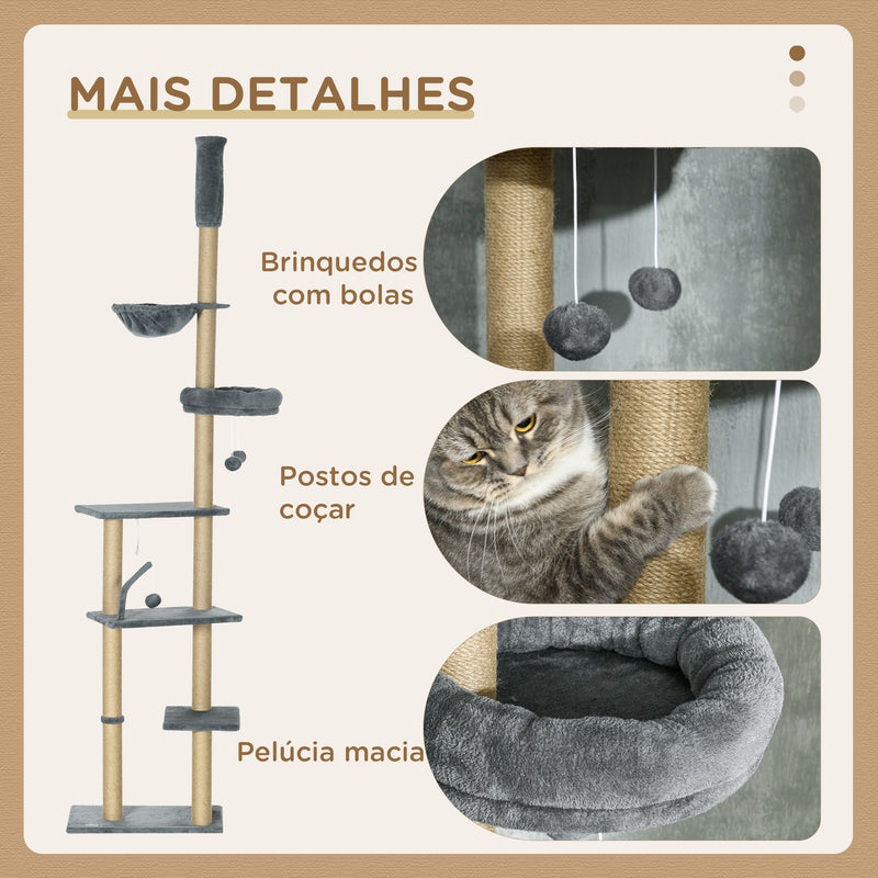 Arranhador para Gatos do Solo ao Teto de 230-250 cm Arranhador para Gatos com Altura Ajustável Múltiplas Plataformas Rede Bolas Suspensas Cinza