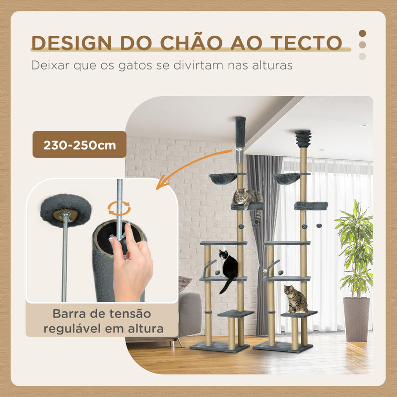 Arranhador para Gatos do Solo ao Teto de 230-250 cm Arranhador para Gatos com Altura Ajustável Múltiplas Plataformas Rede Bolas Suspensas Cinza