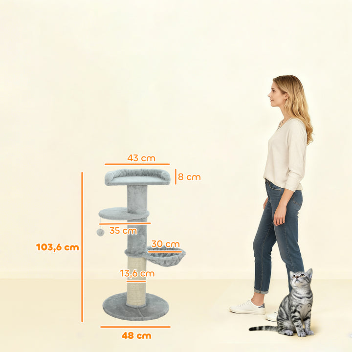 Arranhador para Gatos 103,5 cm Torre para Gatos com Cama Rede Plataforma Poste de Sisal Extra Grosso Bola Pendurada Cinza Claro