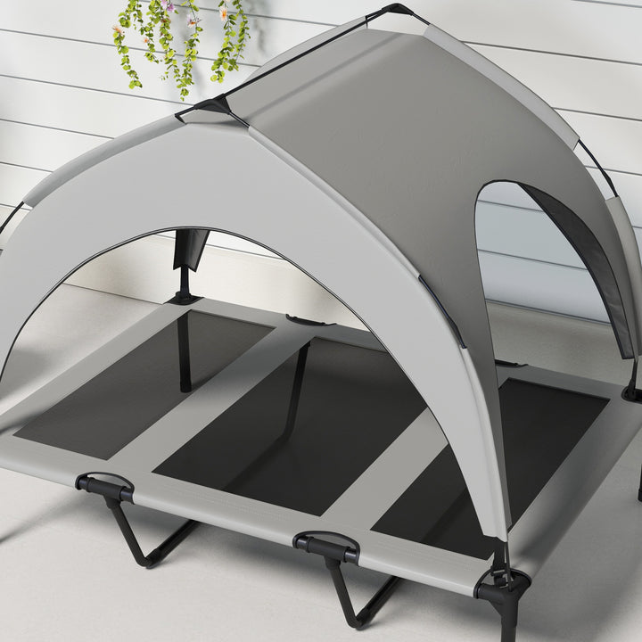 Cama Elevada para Cães com Toldo Cama para Cães Grandes Refrescante e Respirável 106x76x94 cm com Estrutura de Aço e Bolsa de Transporte para Interior e Exterior Cinzento Claro