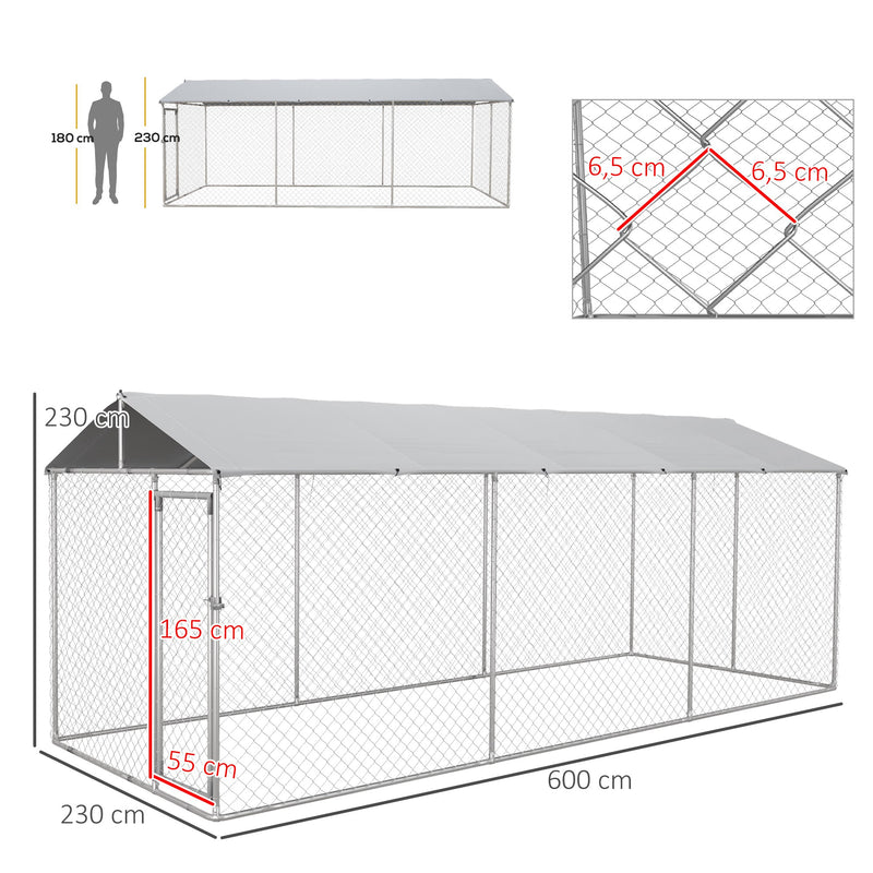 Canil de Exterior para Cães Parque para Cães com 1 Porta Estrutura de Aço Toldo Impermeável e Anti-UV 600x230x230 cm Prata