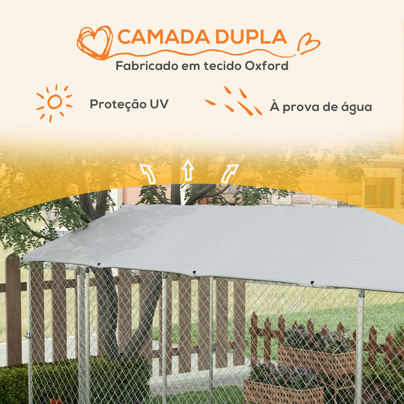 Canil de Exterior para Cães Parque para Cães com 1 Porta Estrutura de Aço Toldo Impermeável e Anti-UV 600x230x230 cm Prata