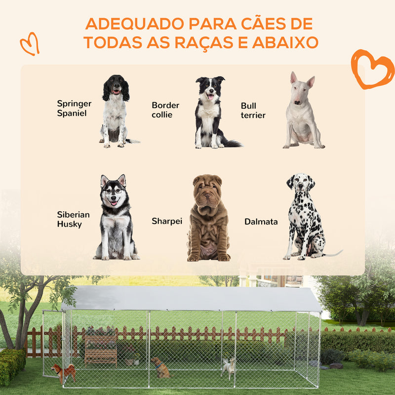 Canil de Exterior para Cães Parque para Cães com 1 Porta Estrutura de Aço Toldo Impermeável e Anti-UV 600x230x230 cm Prata