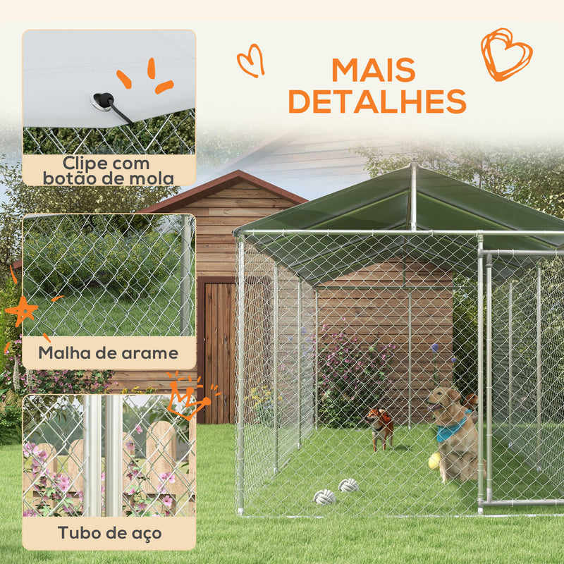 Canil de Exterior para Cães Parque para Cães com 1 Porta Estrutura de Aço Toldo Impermeável e Anti-UV 600x230x230 cm Prata