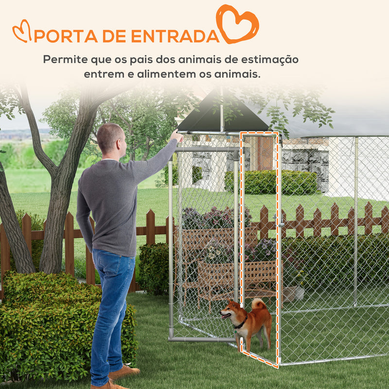 Canil de Exterior para Cães Parque para Cães com 1 Porta Estrutura de Aço Toldo Impermeável e Anti-UV 600x230x230 cm Prata