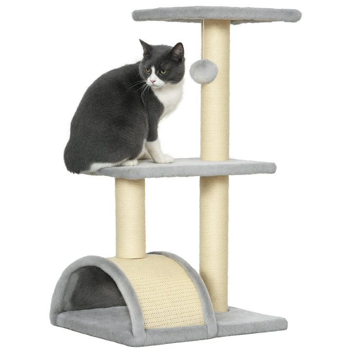 Arranhador para Gatos Médio Arranhador para Gatos de 3 Níveis Torre para Gatos com Postes de Sisal Placa para Arranhar e Bola Suspensa Cinza