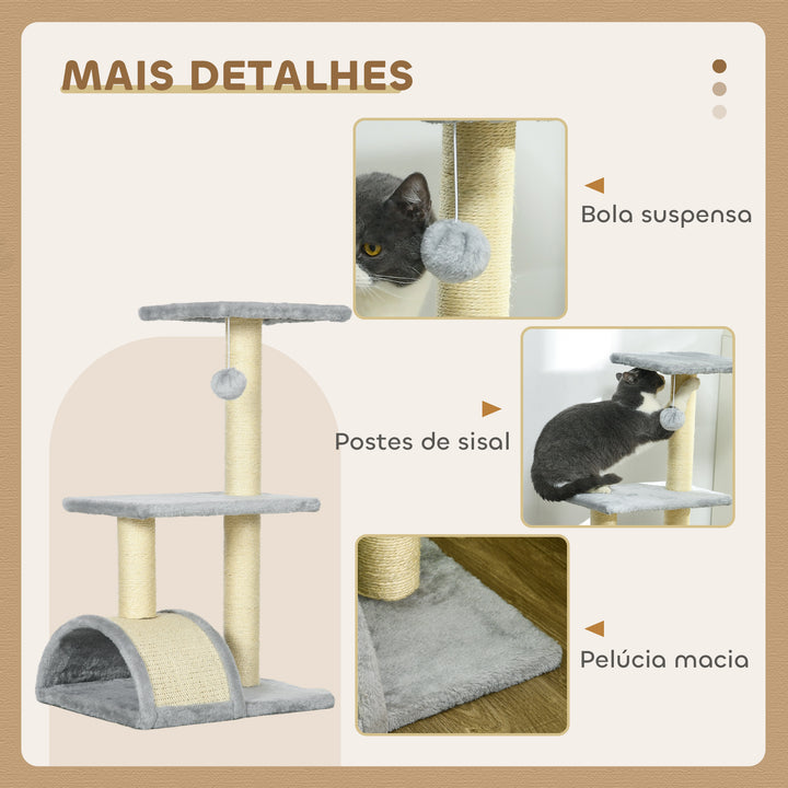 Arranhador para Gatos Médio Arranhador para Gatos de 3 Níveis Torre para Gatos com Postes de Sisal Placa para Arranhar e Bola Suspensa Cinza