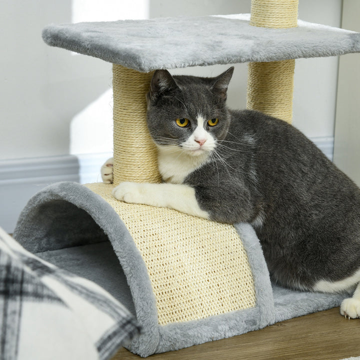 Arranhador para Gatos Médio Arranhador para Gatos de 3 Níveis Torre para Gatos com Postes de Sisal Placa para Arranhar e Bola Suspensa Cinza