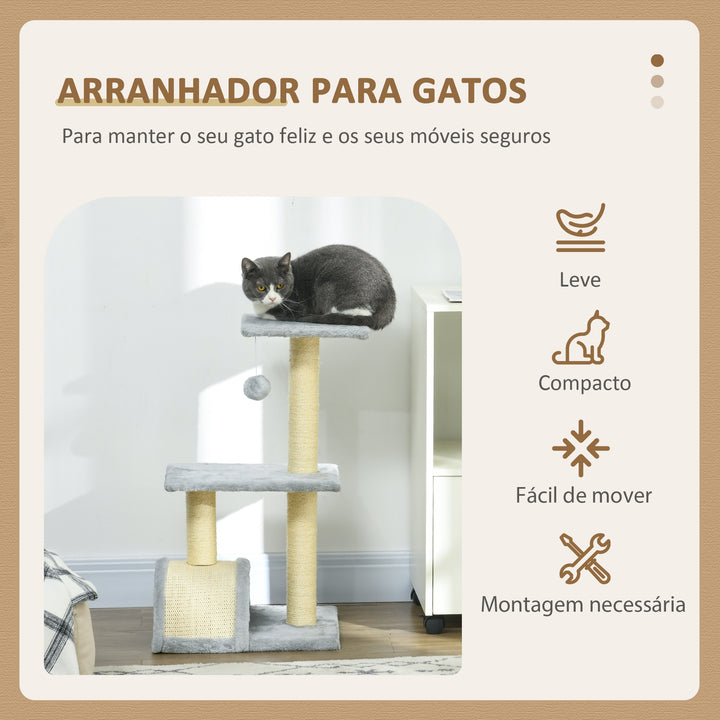Arranhador para Gatos Médio Arranhador para Gatos de 3 Níveis Torre para Gatos com Postes de Sisal Placa para Arranhar e Bola Suspensa Cinza