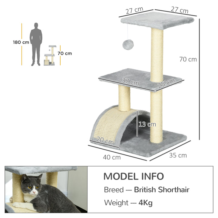 Arranhador para Gatos Médio Arranhador para Gatos de 3 Níveis Torre para Gatos com Postes de Sisal Placa para Arranhar e Bola Suspensa Cinza