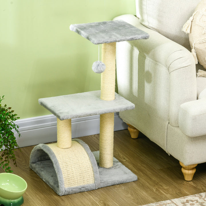 Arranhador para Gatos Médio Arranhador para Gatos de 3 Níveis Torre para Gatos com Postes de Sisal Placa para Arranhar e Bola Suspensa Cinza