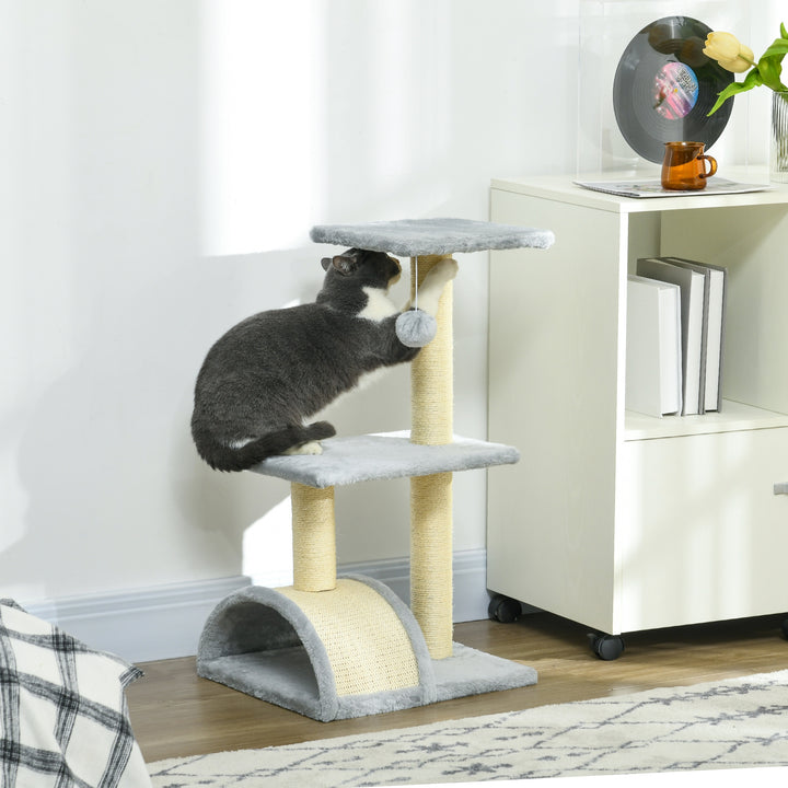 Arranhador para Gatos Médio Arranhador para Gatos de 3 Níveis Torre para Gatos com Postes de Sisal Placa para Arranhar e Bola Suspensa Cinza