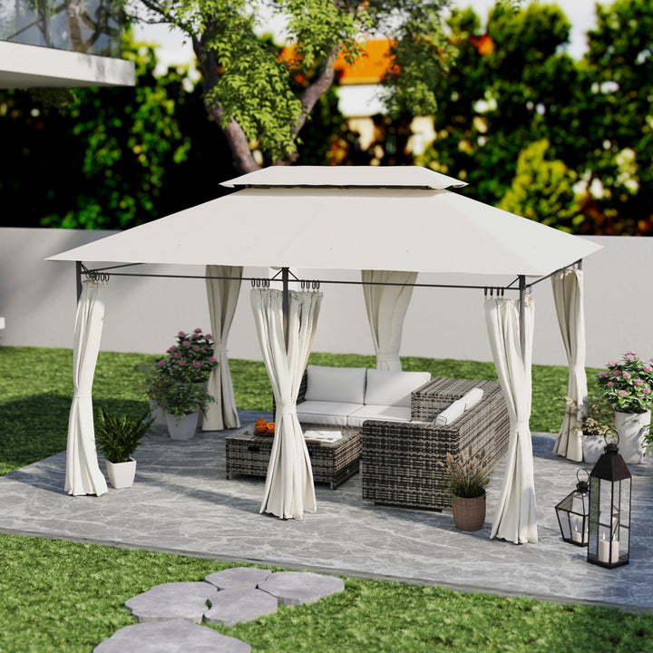 Pérgola de Jardim 397x297x265 cm Pérgola de Exterior com Teto Duplo Paredes Laterais Resistente a Água Pérgola para Pátio Creme