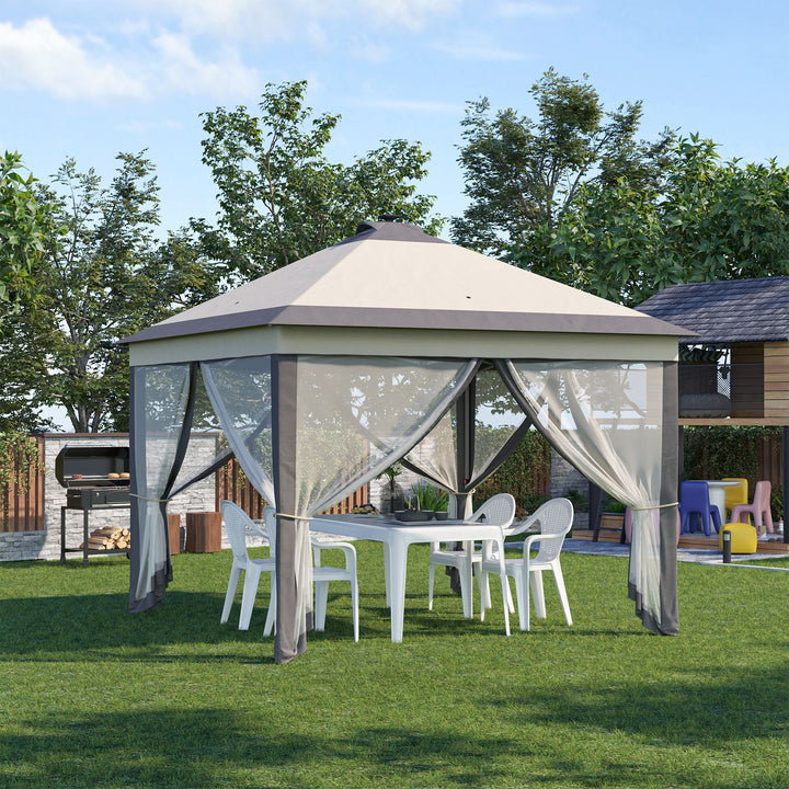 Pérgola Dobrável Exterior 3,3x3,3x2,9 m com Luzes LED e Controle Remoto Pérgola de Jardim com 4 Mosquiteiras Removíveis e Bolsa de Transporte para Acampamento Festas Bege