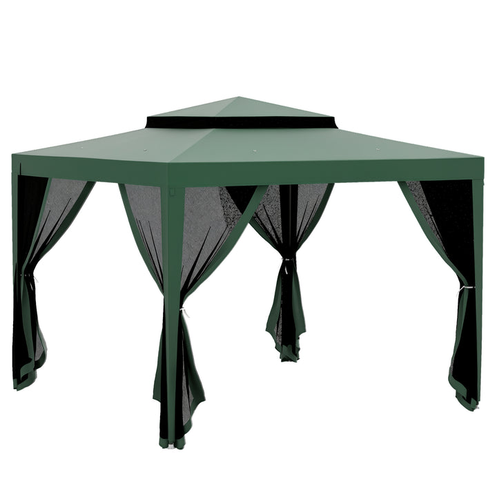 Pérgola de Jardim 297x297cm Pérgola com 4 Mosquiteiras Teto Duplo 8 Orifícios de Drenagem e Estrutura de Metal para Pátio Exterior Verde