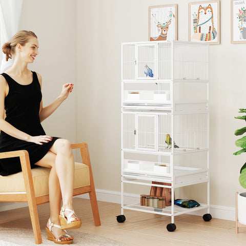 Gaiola para Pássaros Gaiola Grande de 2 Níveis com Rodas Painéis Acrílicos Comedouros Poleiros Prateleira Bandejas Amovíveis Gaiola para Papagaios Canários 48x46x134,5 cm Branco