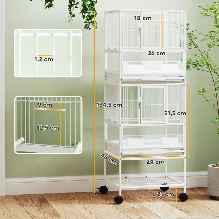 Gaiola para Pássaros Gaiola Grande de 2 Níveis com Rodas Painéis Acrílicos Comedouros Poleiros Prateleira Bandejas Amovíveis Gaiola para Papagaios Canários 48x46x134,5 cm Branco