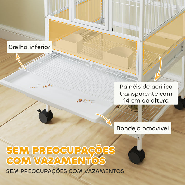 Gaiola para Pássaros Gaiola Grande de 2 Níveis com Rodas Painéis Acrílicos Comedouros Poleiros Prateleira Bandejas Amovíveis Gaiola para Papagaios Canários 48x46x134,5 cm Branco