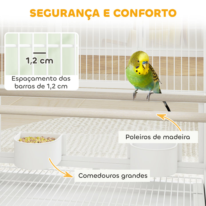 Gaiola para Pássaros Gaiola Grande de 2 Níveis com Rodas Painéis Acrílicos Comedouros Poleiros Prateleira Bandejas Amovíveis Gaiola para Papagaios Canários 48x46x134,5 cm Branco