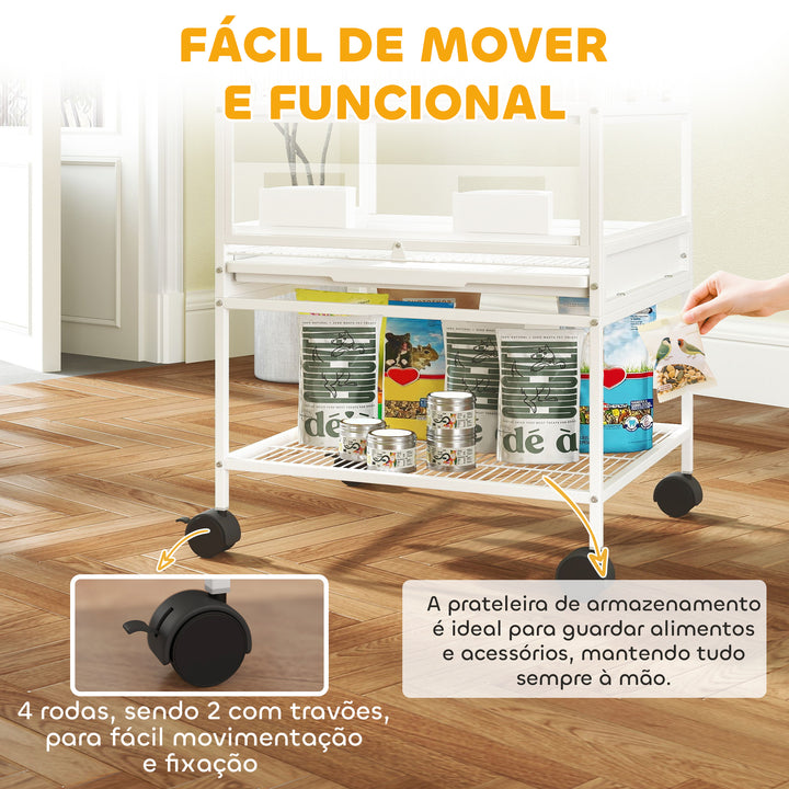 Gaiola para Pássaros Gaiola Grande de 2 Níveis com Rodas Painéis Acrílicos Comedouros Poleiros Prateleira Bandejas Amovíveis Gaiola para Papagaios Canários 48x46x134,5 cm Branco