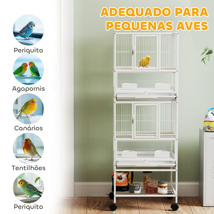 Gaiola para Pássaros Gaiola Grande de 2 Níveis com Rodas Painéis Acrílicos Comedouros Poleiros Prateleira Bandejas Amovíveis Gaiola para Papagaios Canários 48x46x134,5 cm Branco