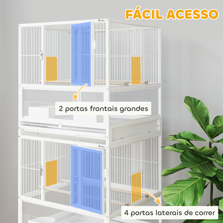 Gaiola para Pássaros Gaiola Grande de 2 Níveis com Rodas Painéis Acrílicos Comedouros Poleiros Prateleira Bandejas Amovíveis Gaiola para Papagaios Canários 48x46x134,5 cm Branco