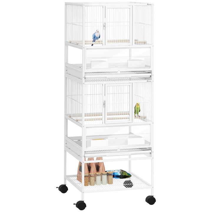 Gaiola para Pássaros Gaiola Grande de 2 Níveis com Rodas Painéis Acrílicos Comedouros Poleiros Prateleira Bandejas Amovíveis Gaiola para Papagaios Canários 48x46x134,5 cm Branco