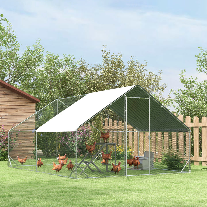 Galinheiro de Exterior Grande 3x4x2m Gaiola para 8-12 Galinhas de Aço Galvanizado com Teto de PE e Fechadura para Coelhos Prata