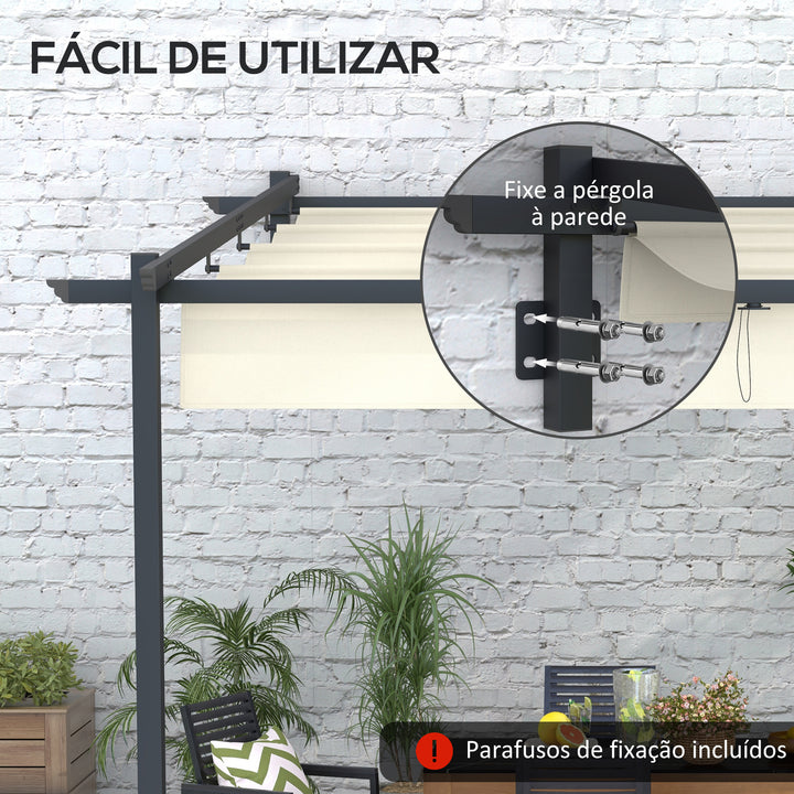 Pérgola de Parede 3x3 m Pérgola de Jardim com Teto Retrátil de Poliéster e Estrutura de Aço para Festas Casamentos Creme e Cinza Escuro