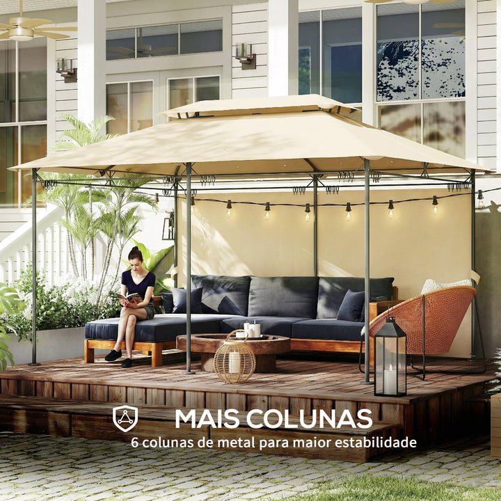 Pérgola de Jardim 397x297x265 cm Pérgola de Exterior com Teto Duplo Paredes Laterais Resistente a Água Pérgola para Pátio Bege