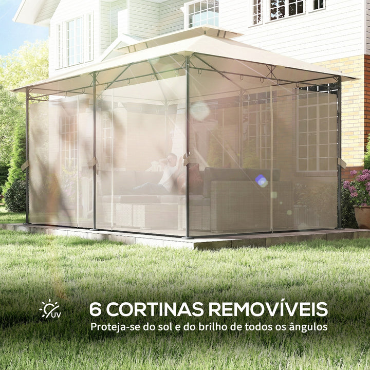 Pérgola de Jardim 397x297x265 cm Pérgola de Exterior com Teto Duplo Paredes Laterais Resistente a Água Pérgola para Pátio Bege