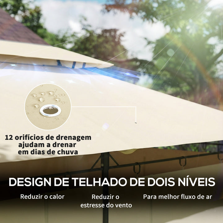 Pérgola de Jardim 397x297x265 cm Pérgola de Exterior com Teto Duplo Paredes Laterais Resistente a Água Pérgola para Pátio Bege