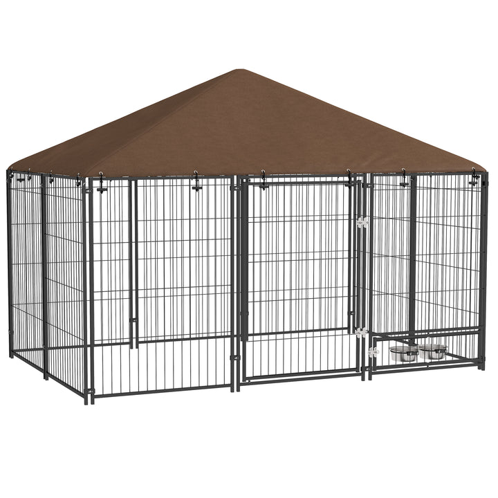 Parque para Cães com Toldo Canil para Exterior com Suporte Giratório para Comida 2 Tigelas Incluídas 211x141x151 cm Preto e Marrom