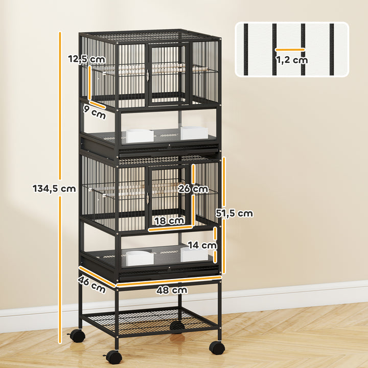 Gaiola para Pássaros Gaiola Grande de 2 Níveis com Rodas Painéis Acrílicos Comedouros Poleiros Prateleira Bandejas Amovíveis Gaiola para Papagaios Canários 48x46x134,5 cm Preto