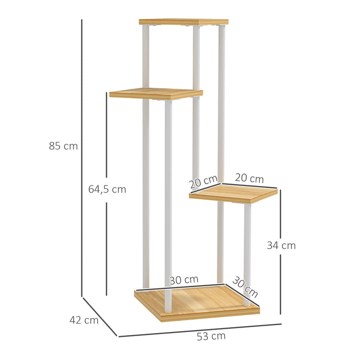 Suporte para Plantas de 4 Níveis Suporte para Vasos de Flores de Madeira e Aço com 4 Prateleiras Quadradas Suporte para Plantas para Interior e Exterior 53x42x85 cm Madeira e Branco